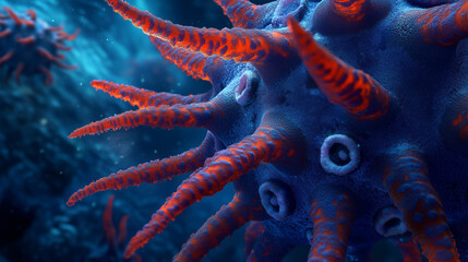 Red antenna virus under microscopic view close-up background