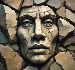 Illustration of human face in rock with cracked detail.