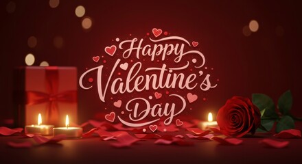Romantic Valentine's Day: A beautiful arrangement of Valentine's Day elements includes a gift box, rose, candles, and rose petals in a heartwarming ambiance of love, happiness, and romance.
