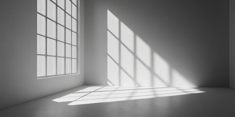 Fototapeta premium A clean, minimalist white studio room with sunlight and shadow patterns, ideal for creative designs.