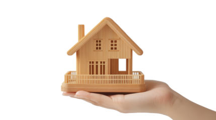 female hand holding house isolated on white background