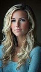 Naklejka premium Portrait of a young woman with long blonde hair, wearing a light blue sweater. A serene and sophisticated look.