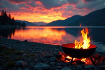 Orange glow of a barbecue at dusk by the lake, fire, shore, peaceful