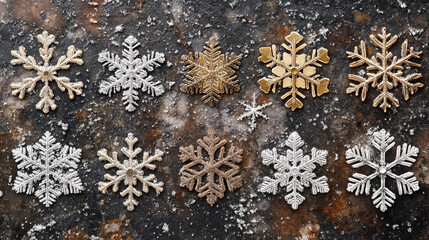 Decorative snowflakes arranged on a textured surface during a winter themed display