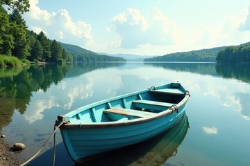 Fototapeta premium Pastel blue vintage wooden boat on lake shore, boating, vintage