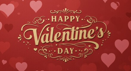 Happy Valentine's Day Greeting: A vibrant red background adorned with delicate pink hearts, a golden inscription of "Happy Valentine's Day" in a classic, elegant font, perfect for romantic occasions.