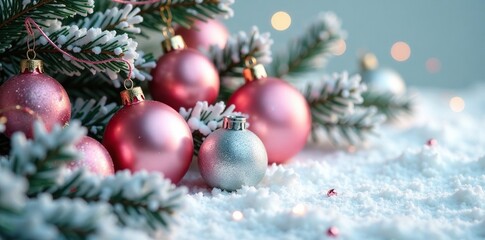 Pink and silver ornaments intertwined with miniature Christmas trees on a snowy background, holiday decorations, decorative accents