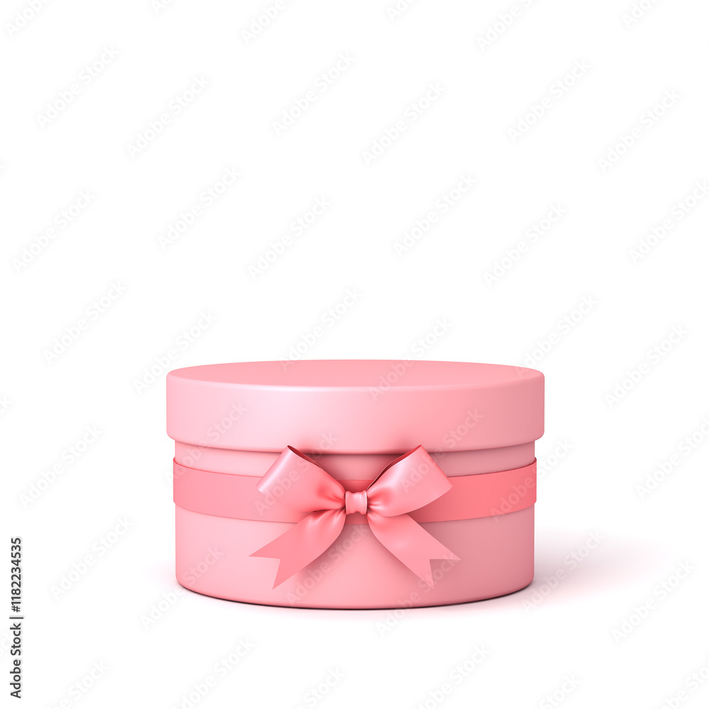 Poster blank pink pastel color round present box with cover lid and pink ribbon bow or cylinder gift box pr
