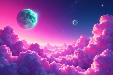 Obraz premium Pink neon fuchsia background sky with fluffy white clouds and bright green planets, space, cosmic scene