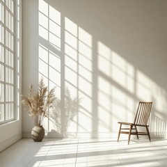 A clean, minimalist white studio room with sunlight and shadow patterns, ideal for creative designs.