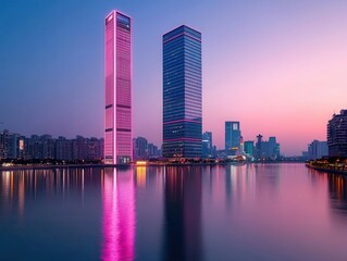 A Valentinethemed skyscraper glowing with soft pink hues, reflecting on a nearby river