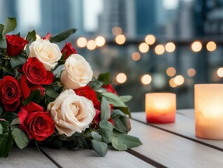 Obraz premium Valentinethemed observation deck on a towering building, adorned with roses and romantic lighting
