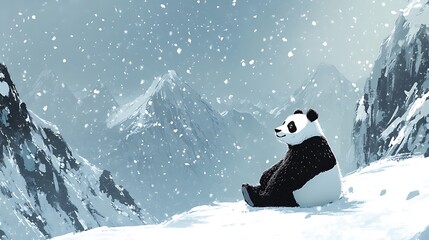 Panda sitting on snow with mountain background. 3D rendering. © ibrahimazy471