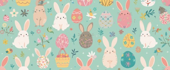 Colorful easter bunny and egg pattern with spring flowers