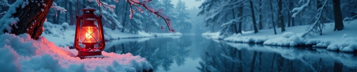 Red lantern hanging on a frozen pond in a snowy forest landscape, winter wonderland, frosty evening, winter scene background