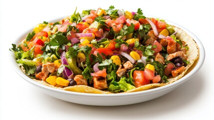 A plate of tacos filled with colorful ingredients, isolated on a clean white background with copy space.