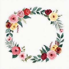 Fototapeta premium A colorful floral wreath or frame with various flowers and leaves