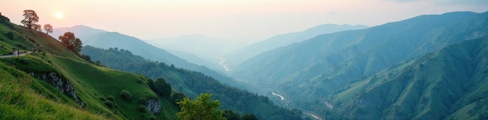 Naklejka premium Serene landscape with misty mountains and valleys, nature, peaceful