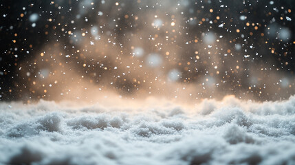 Snowflakes fall softly over a calm winter landscape with warm light in the background