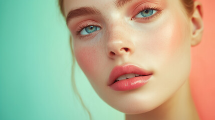 A close-up portrait of an elegant woman with glossy pink lips and soft blue eyes, set against the vibrant backdrop of spring colors like green and coral