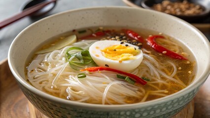Delightful bowl of bee hoon soup with a boiled egg surrounded by vibrant garnishes and aromatics