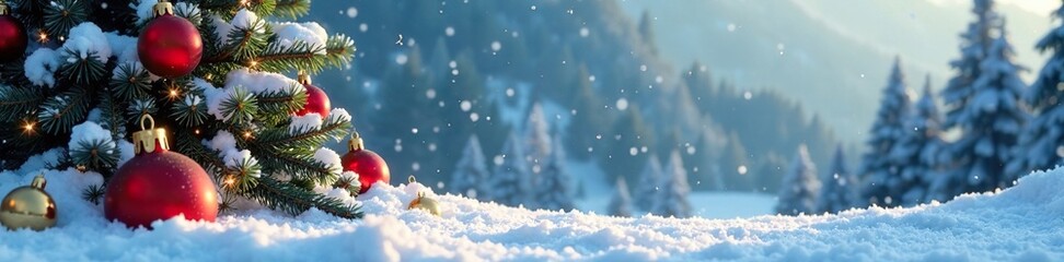 Snow-covered landscape with Christmas trees and ornaments, tree, snowy, festive
