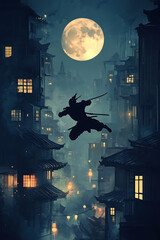 A silhouetted figure leaps through a moonlit cityscape, evoking a sense of adventure.