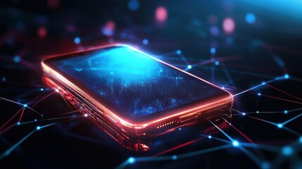 Smartphone on technology background. Neon glowing mobile phone on abstract dark background. Futuristic network connection