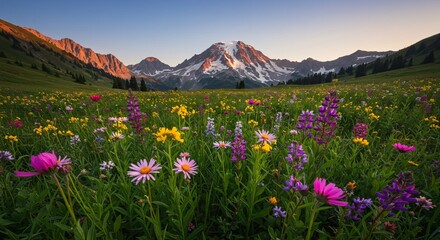 Fototapeta premium Mountain Wildflower Field, A stunning scene of a mountain landscape with a field of colorful wildflowers in full bloom.