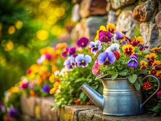 Tilt-Shift Pansies: Charming Garden Wall with Watering Can