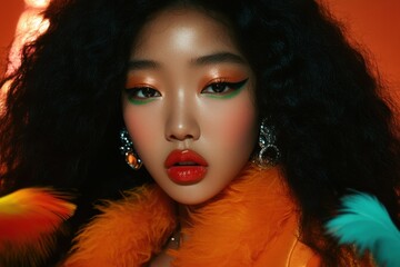 Fototapeta premium Bold makeup look with vibrant orange and green eyeshadow, red lipstick, and voluminous dark curls. The model wears a fluffy orange collar.