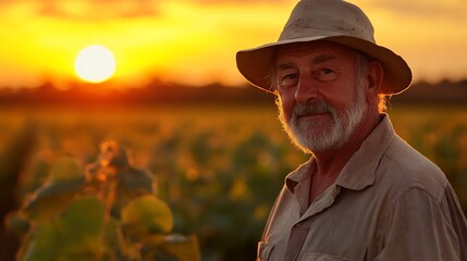 Obraz premium Senior farmer standing in golden soybean field during beautiful sunset