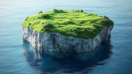 Lush green island with rocky cliffs in calm ocean.