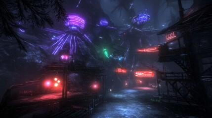 Obraz premium Neon-Lit Alien Cityscape in Dark Forest Setting