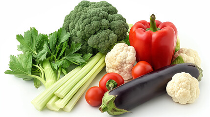 Fresh assorted vegetables including broccoli, red pepper, eggplant, celery, and cauliflower, vibrant healthy food concept on white background