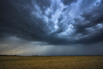 A mesmerizing landscape showcases a storm as it approaches dramatically over beautiful fields