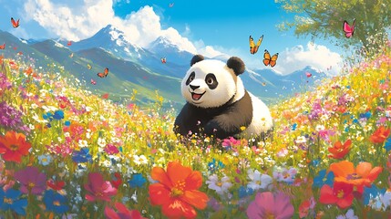 panda in the meadow with flowers and butterflies - 3d illustration © ibrahimazy471