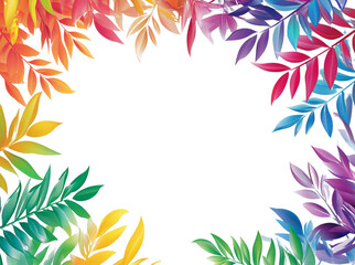 Naklejka premium Colorful leaves serve as a background frame in a presentation design, with an empty space in the center. The background is white.
