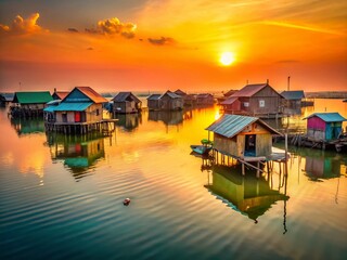 Fototapeta premium Tonle Sap Lake Floating Village at Sunrise: Houses on Stilts in Cambodia