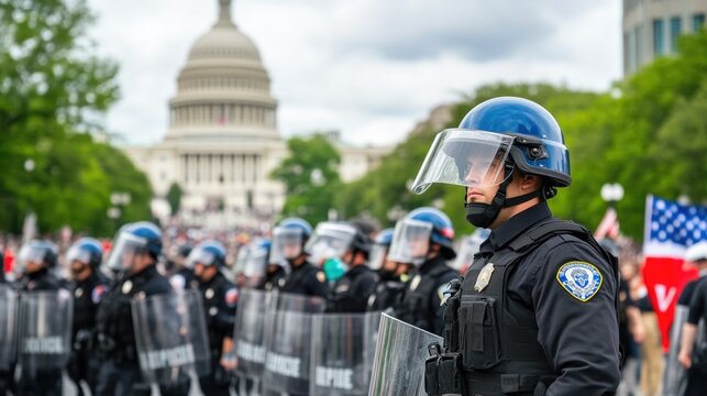 Heavily armored riot police during civil unrest
