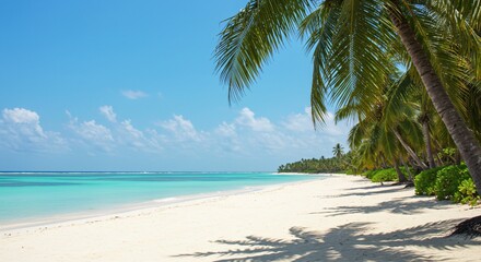 Obraz premium Tropical Beach Escape, A perfect tropical beach escape with white sand, turquoise water, and swaying palm trees.