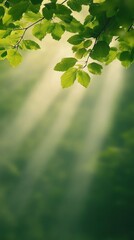 Fototapeta premium Sun Rays Filtering Through Forest Trees in Lush Greenery, Highlighting Tranquil Natural Beauty and Serene Atmosphere, Perfect for Nature Lovers and Environmental Themes