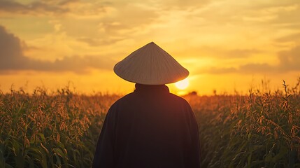 Fototapeta premium Back view of elderly farmer in wide-brimmed hat in soybean field at sunset