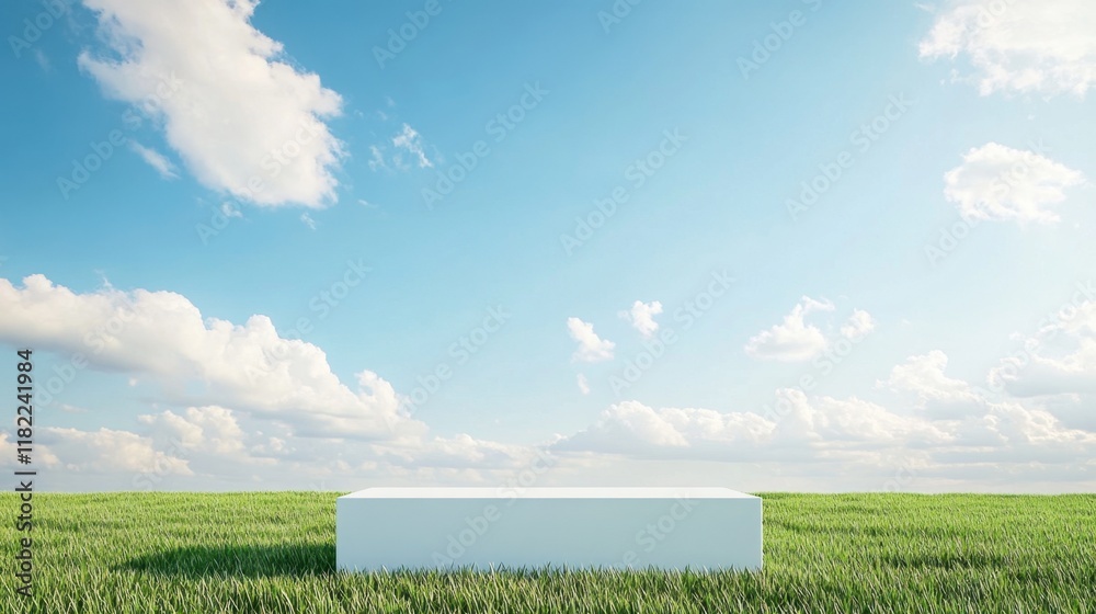 Fototapete clean white podium placed on a lush green grass field under a clear blue sky, creating a serene disp