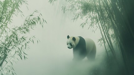 A big panda walking in a bamboo forest on a misty morning.