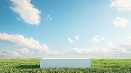 Clean white podium placed on a lush green grass field under a clear blue sky, creating a serene display scene.