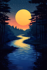 A serene night landscape featuring a winding river and a large, glowing moon.