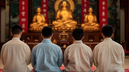 Naklejka premium Meditation in Front of Buddha Statues in Temple