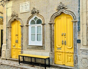 Beautiful doors in a typical cubist old town house in Olhão on the Algarve in Portugal
