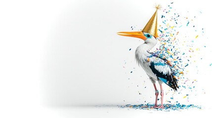 Shoebill stork celebrating with a gold party hat amidst colorful confetti © Emiliia